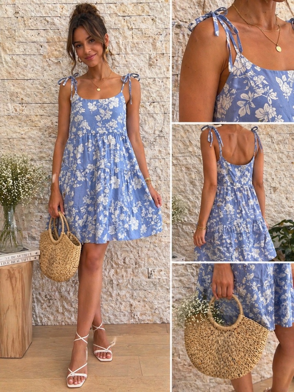 Light Blue Floral Tie-Shoulder‎ Midi Dress size XL